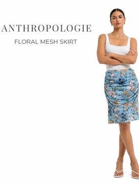 Anthropologie Blue Floral Mesh Ruched Mini Skirt